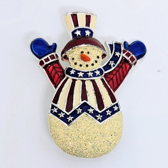 Unknown Jewelry - Patriotic Snowman Glittered Enamel Pin Brooch Red White Blue Stars 2" Vintage St